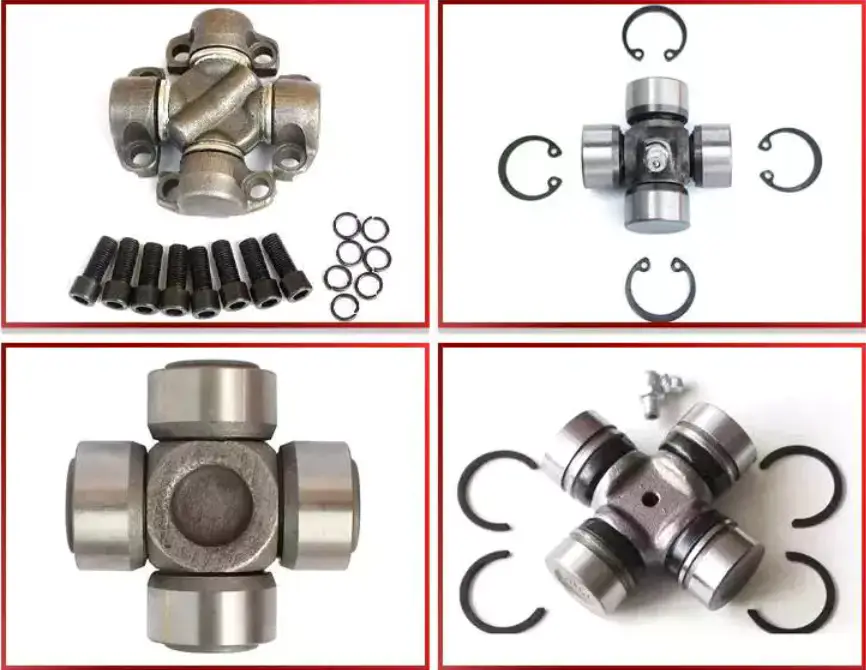 Different types of universal joints used in PTO drive shafts including standard cross joint, wide-angle joint, and constant velocity joint