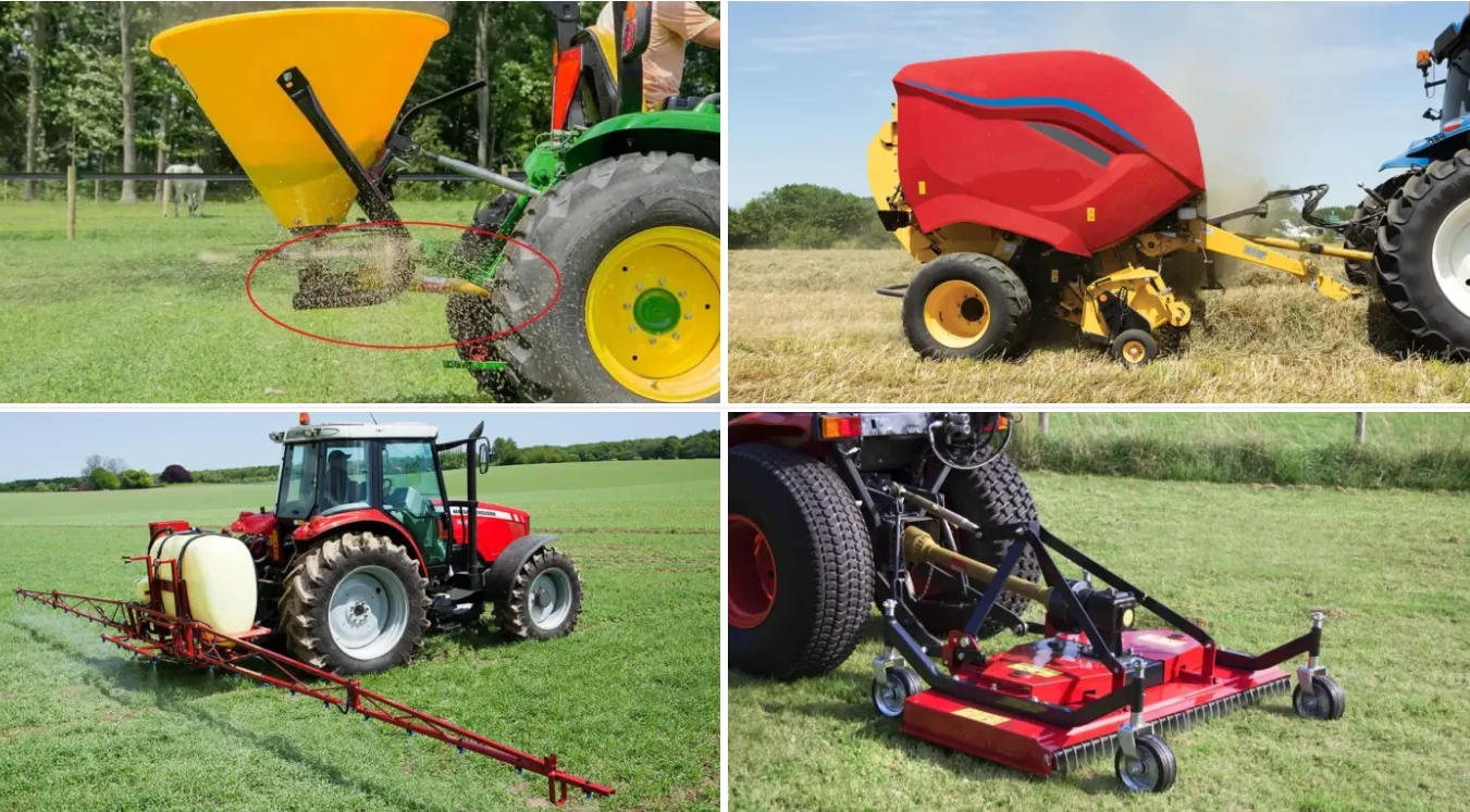 PTO shaft with universal joints connected to tractor rear PTO output showing real-world agricultural application