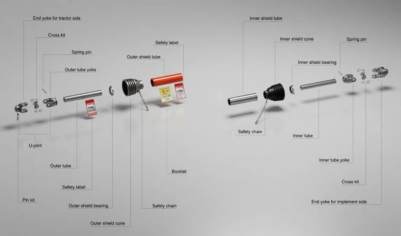 Exploded view of PTO shaft assembly showing yokes, universal joints, profile tubes, telescopic section, and safety shield